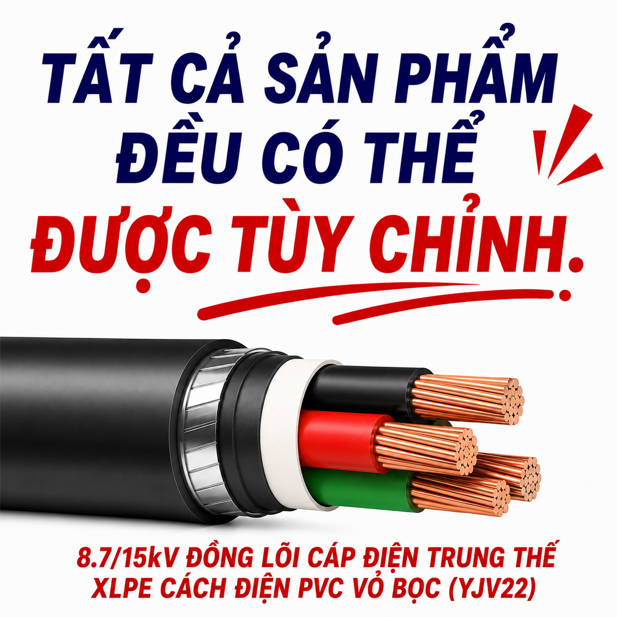 Cáp điện lực trung thế ruột đồng cách điện XLPE, vỏ bọc PVC, giáp băng thép 8.7/15kV (YJV22)