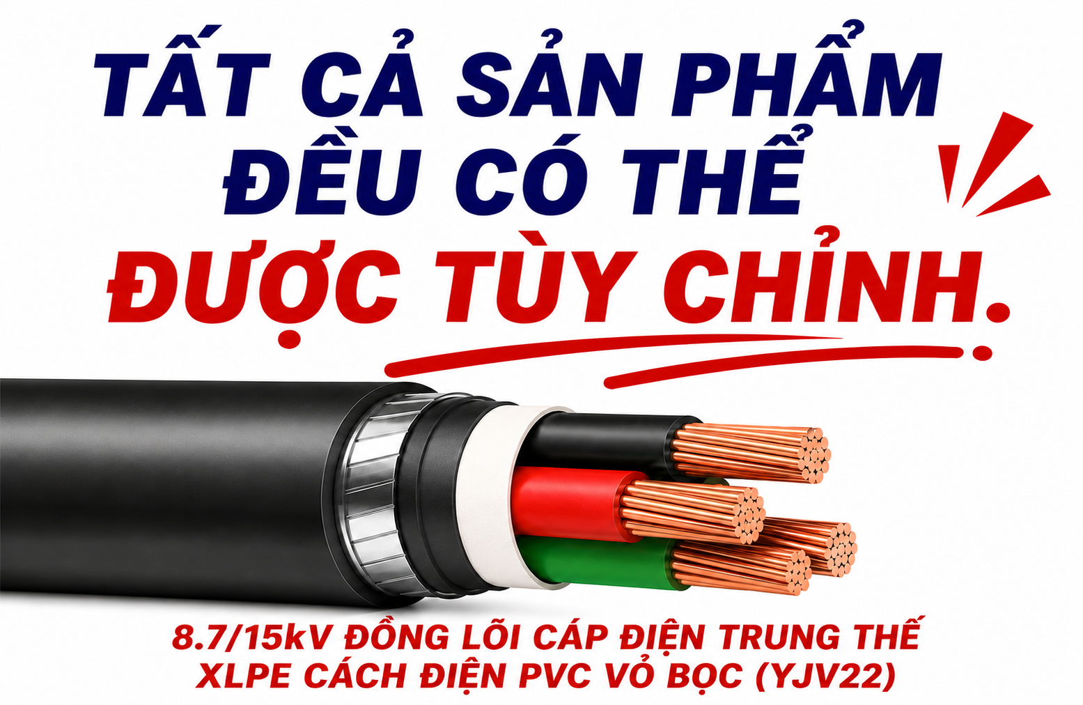 Cáp điện lực trung thế ruột đồng cách điện XLPE, vỏ bọc PVC, giáp băng thép 8.7/15kV (YJV22)