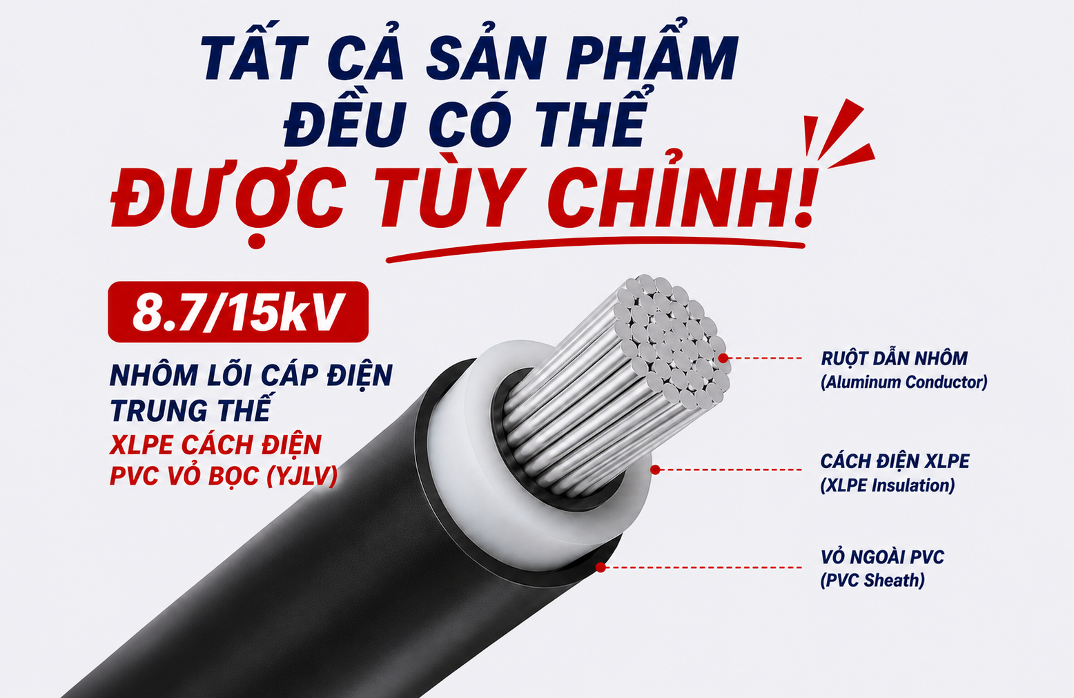 Cáp điện lực trung thế ruột nhôm cách điện XLPE, vỏ bọc PVC 8.7/15kV (YJLV)