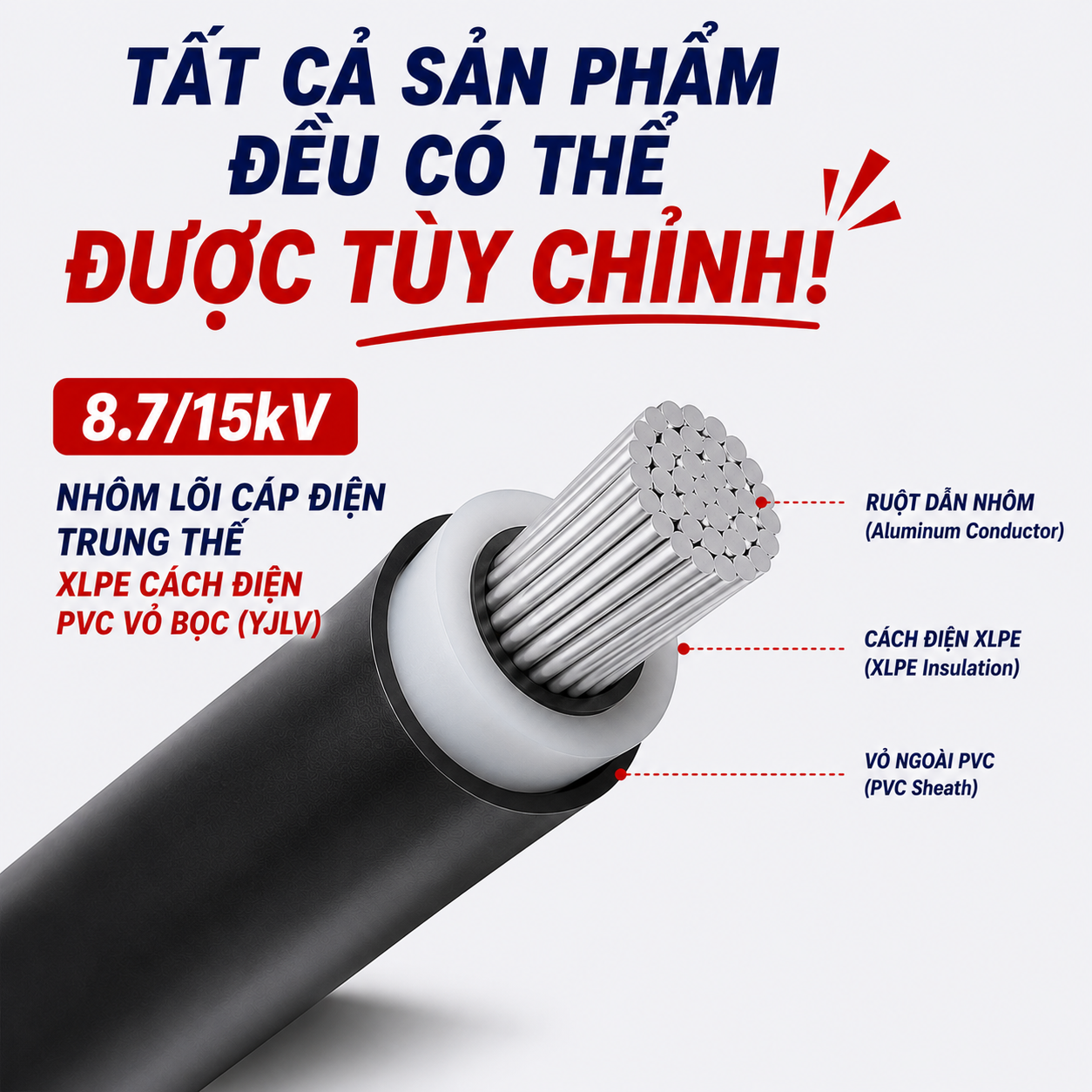 Cáp điện lực trung thế ruột nhôm cách điện XLPE, vỏ bọc PVC 8.7/15kV (YJLV)