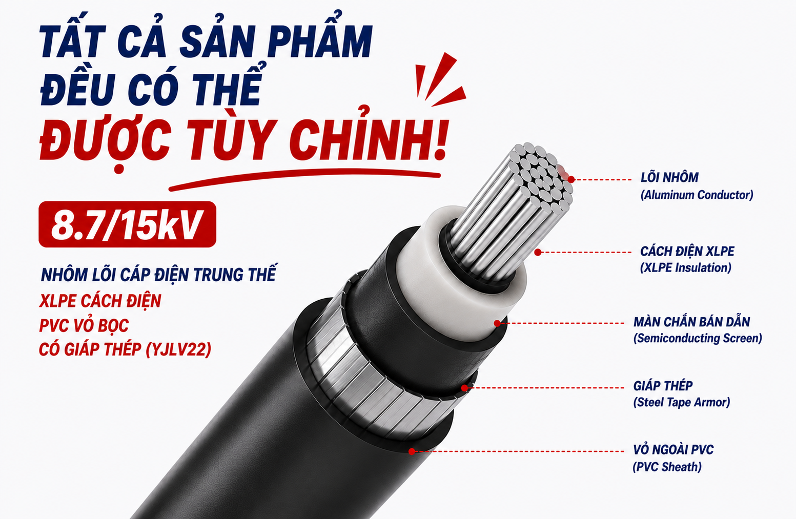 Cáp điện lực trung thế ruột nhôm cách điện XLPE, vỏ bọc PVC, giáp băng thép 8.7/15kV (YJLV22)